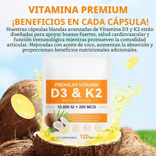 Vista 6 de flasture Suplemento de Vitamina D3 K2 en Cápsulas Blandas, 10000 UI de VIT D3 + 200 MCG de K2 (MK-7) Fórmula 2-en-1 para Reposición con Aceite