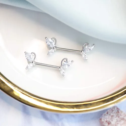 Vista 2 de CHARM ONLINE 2PCS 14G 316L Stainless Steel Clear Butterfly CZ Nipple Rings Barbell Crystal Nipple Piercings Jewelry for Women