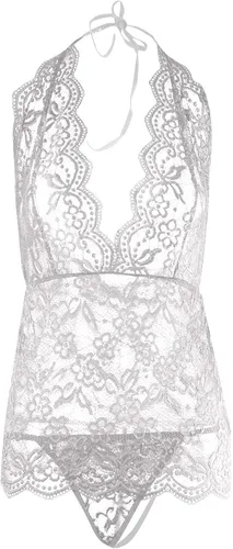 Vista 2 de Lencería de encaje de malla para mujer, cuello halter, espalda descubierta, transparente, ropa de dormir bodycon de una pieza