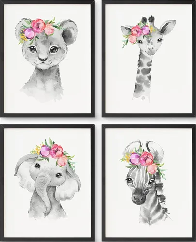 Vista 10 de Juego de arte de pared personalizado de safari para guardería, impresiones de animales de la selva con nombre personalizado, imágenes de decoración