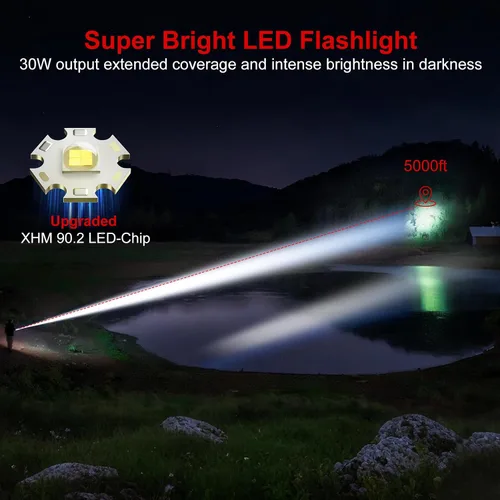 Vista 9 de Linterna 20000 Lúmenes Altos Recargable - Paquete de 2 Luz LED Flash Súper Brillante de 30W 24H de Larga Duración y Haz de 5000ft USB C Linterna