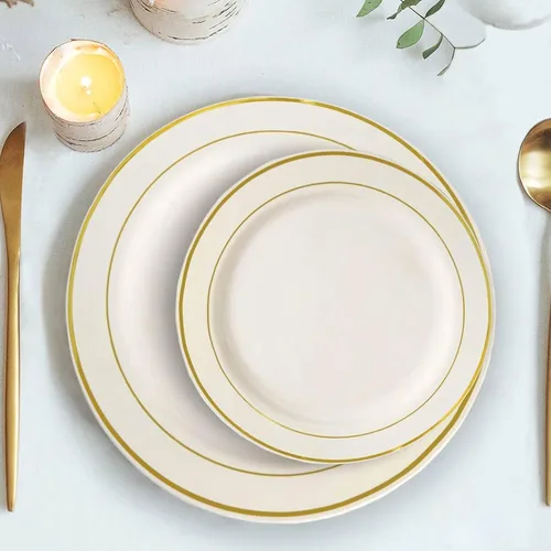 Vista 2 de Efavormart - Paquete de 50 platos redondos de postre de plástico Très Chic de 6 pulgadas con borde dorado