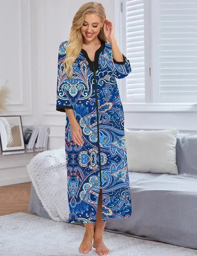 Vista 2 de Bloggerlove House Dresses for Womens Robe Long Zip Up House Coat Half Sleeve Night Gowns Comfy Sleepwear Print Loungewear