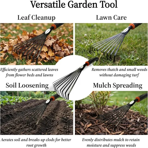 Vista 8 de Paquete de 2 rastrillos de mano pequeños para jardinería, mini rastrillo de hojas y arbustos con púas de acero duraderas, mango ergonómico