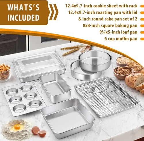 Vista 2 de E-far Juego de 9 moldes para hornear de acero inoxidable, juego de 9 piezas para panecillos de galletas, incluye bandeja redonda y cuadrada
