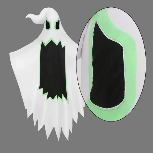 Vista 3 de yolsun Disfraz de fantasma blanco para niños con cubo de calabaza brilla en la oscuridad capa fantasma aterradora juego de rol para cosplay