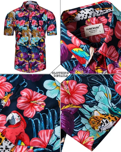 Vista 23 de TUNEVUSE Conjunto de camisas y pantalones cortos hawaianos para hombre, 2 piezas, trajes de playa con estampado de flores, traje tropical de verano