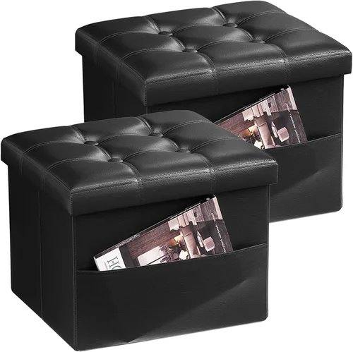 Vista 12 de Bsketa Otomana de Almacenamiento, Taburete Plegable con Asiento Acolchado de Espuma Más Gruesa, Otomana Pequeña de Cuero para Almacenamiento, Banco