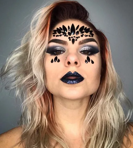 Vista 8 de Black Face Jewels se adhieren a los accesorios del festival, diamantes de imitación del tatuaje de la cara de Halloween para el maquillaje, joyas