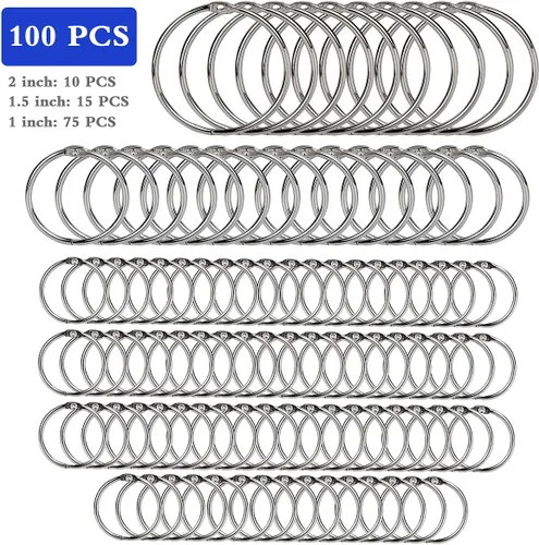Vista 2 de 100 anillos para libros, varios tamaños (1, 1.5, 2 pulgadas) para escuela, aula, oficina