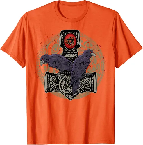 Vista 57 de Thors Hammer Mjolnir Huginn and Muninn Odin Raven - Camiseta, Negro, S