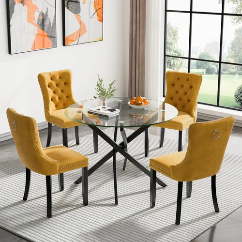 Vista 9 de Juego de mesa de comedor SSLine moderno de 3 piezas con mesa redonda de vidrio para 2, lujosa mesa de comedor circular de 36" con tapa de vidrio