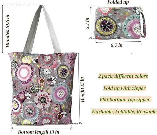 Vista 2 de NC - Bolsas grandes plegables, impermeables, ligeras, duraderas, reutilizables, resistentes, para compras diarias, estilo floral colorido con cierre