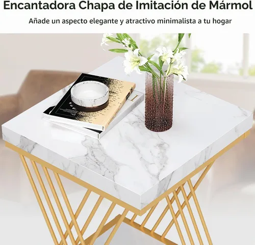 Vista 6 de Tribesigns Mesa auxiliar cuadrada de oro blanco de 2 niveles, mesas de noche pequeñas modernas con almacenamiento para sofá, mesas auxiliares