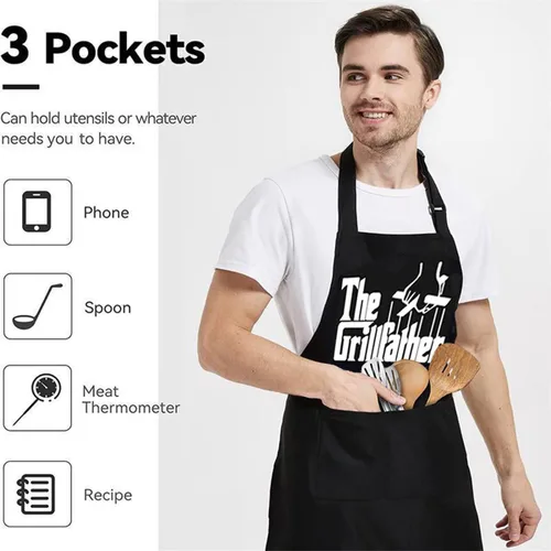 Vista 5 de Delantales divertidos para hombres, delantal negro con bolsillos, perfecto para cocinar en la cocina, barbacoa, hornear, regalos para marido, papá
