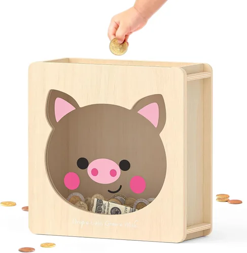 Vista 26 de Summidate Caja de ahorro de dinero de madera, caja de ahorro de ventana transparente con calcomanías de bricolaje, alcancía de oso personalizada