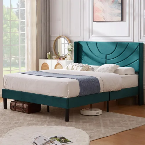 Vista 24 de VECELO Marco de Cama Tamaño Twin Plataforma Tapizada con Cabecera de Tela Ondulada/Soporte de Listones de Madera/No Necesita Somier/Base de Colchón