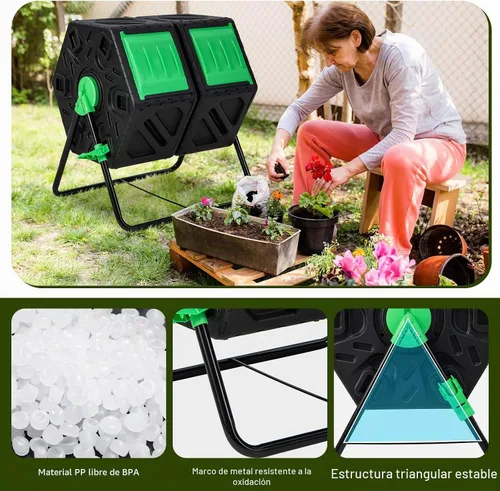 Vista 5 de Goplus Contenedor de compostaje, vaso de compostaje de doble cámara de 34.5 galones con 2 cámaras giratorias, puertas corredizas, compostador
