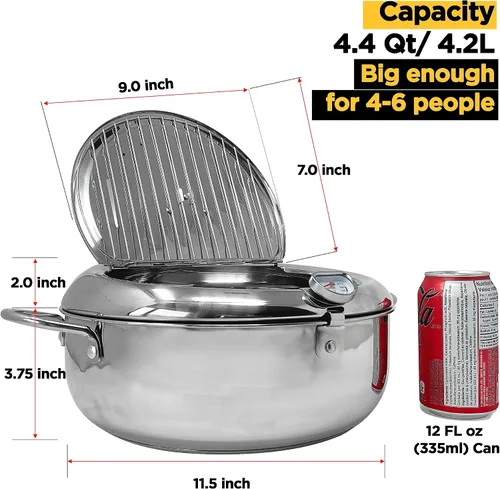 Vista 5 de Saltlas Olla Freidora Profunda (°F), 11"/4.4Qt (4.2 L) Olla de Freír Tempura Extra Grande con Tapa, Olla de Freír de Acero Inoxidable 304