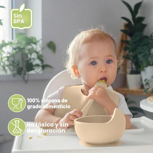 Vista 2 de Juego de Alimentación de Silicona para Bebés Suministros de Destete Dirigido por el Bebé Incluye Tazones con Ventosa y Platos Divididos, Babero