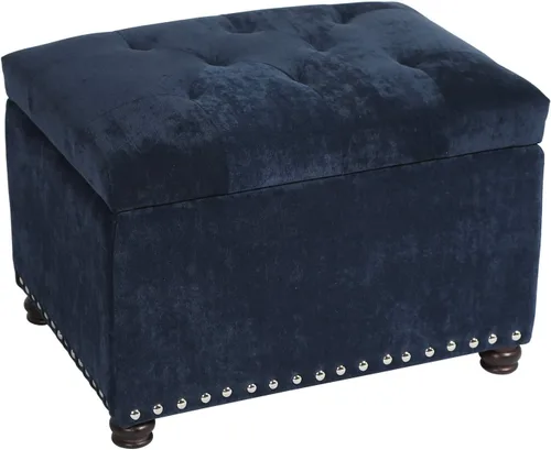 Vista 12 de Adeco Otomana Almacenadora Colorida con Almacenamiento, Otomana de 53 cm de Lino con Reposapiés y Tapa con Bisagra con Patrón de Hojas Azules