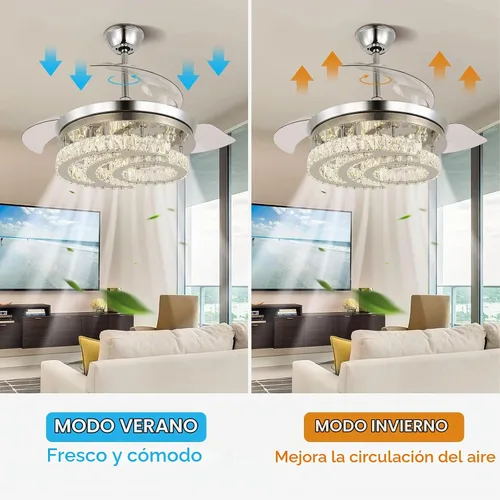 Vista 6 de FRIXCHUR 42" Ventiladores de techo de cristal con candelabro regulable LED, lámpara de araña retráctil en forma de luna con luces y control remoto