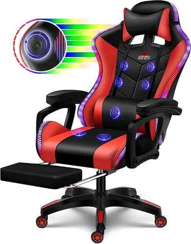 Vista 8 de Silla ergonómica para juegos profesional con luces LED y altavoces, silla de videojuegos con masaje y reposapiés, silla de computadora de respaldo