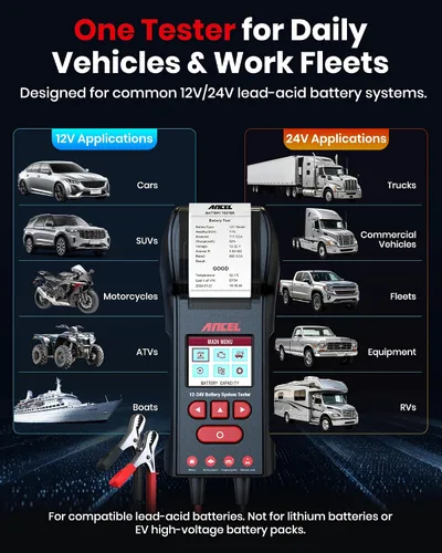 Vista 6 de ANCEL BST600 - Probador de batería de coche con impresora - 12V/24V, 100-2000 CCA, probador digital de carga de batería automática - Prueba