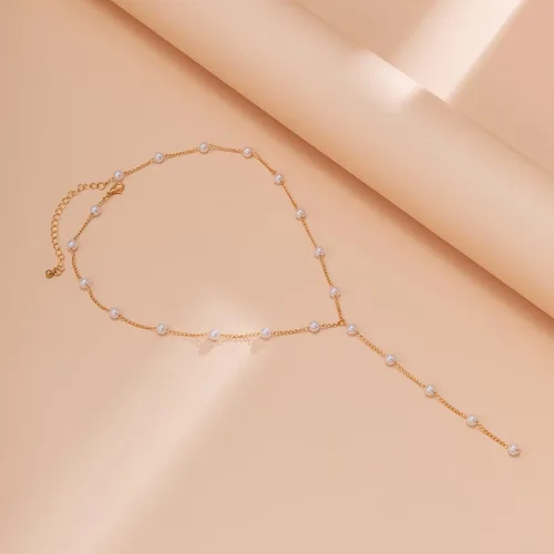 Vista 3 de Delicado collar de perlas para mujer, collar de oro y perlas, collar largo bohemio de perlas sintéticas para playa, joyería de perlas para mujer