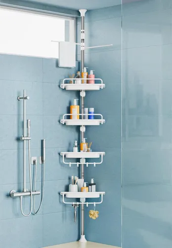 Vista 10 de XLHOMO Organizador de Ducha de Esquina con Barra de Tensión de 32 a 122 pulgadas, Todo Blanco, Estantes de Ducha Inoxidables Sin Taladro para Baño