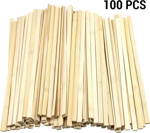 Vista 2 de 100 palos de madera para manualidades, palos largos de bambú natural, varillas cuadradas de madera sin terminar, tiras de madera largas
