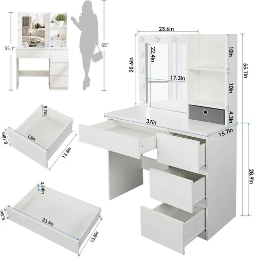 Vista 10 de Vabches Tocador de maquillaje con luces, escritorio de tocador de 37 pulgadas, cómoda de 4 cajones grandes con espejo iluminado, 3 modos de Blanco