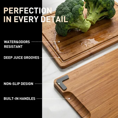 Vista 7 de Juego de 3 tablas de cortar de bambú con pies antideslizantes, tablas de cortar de madera maciza para cocina, tablas de cortar de madera no tóxicas