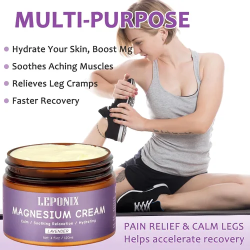 Vista 3 de Crema de magnesio para el sueño y la recuperación muscular, loción tópica calmante de magnesio para calambres en las piernas, comodidad