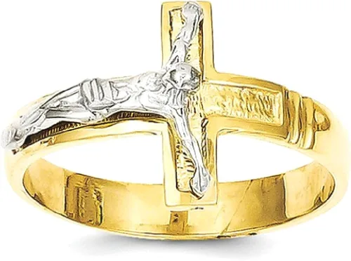 Vista 10 de Anillo religioso de oro amarillo de 14 quilates dos tonos cruz de crucifijo para hombre talla 900 joyería fina para papá regalos para él Oro