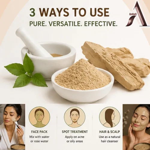 Vista 3 de AnNafi Mitti natural Multani orgánico para la cara Fullers Earth - Trozos enteros de piedra Paquete facial de belleza 100% orgánico con brillo