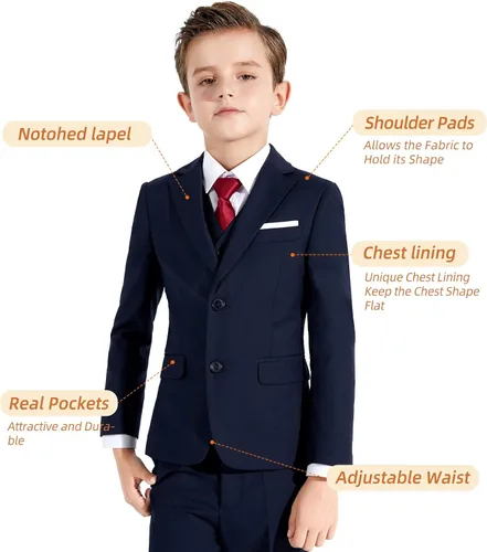Vista 5 de Plavict Trajes para niños de 5 piezas, cintura ajustable, traje formal para niños con chaqueta, pantalones, chaleco, camisa, corbata y pajarita