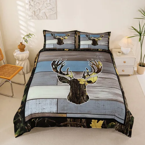 Vista 33 de Funda de edredón de cabaña marrón retro, juego de ropa de cama de retazos con diseño de oso del bosque, ciervos para cabaña rústica, funda de Multi
