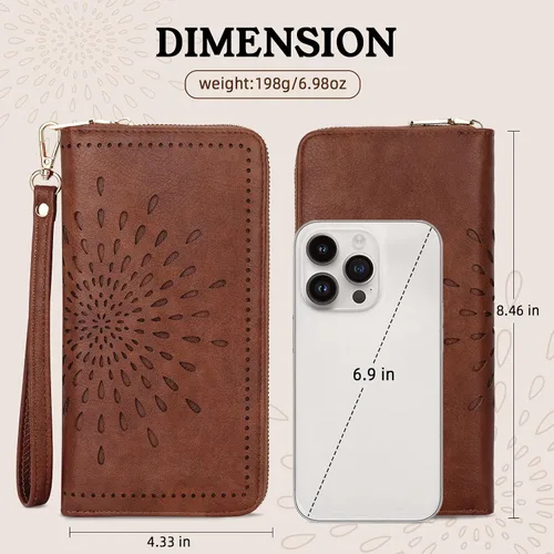 Vista 6 de APHISON Billetera para mujer, gran capacidad, monedero, tarjetero, RFID, pulsera, teléfono, cremallera, moneda, bolsillo de viaje
