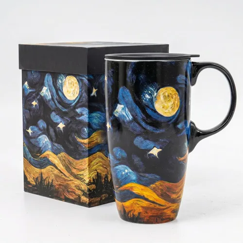 Vista 10 de Topadorn Taza de Cerámica para Café de Porcelana Latte Taza de Té con Tapa en Caja de Regalo 17oz, Flores Azules