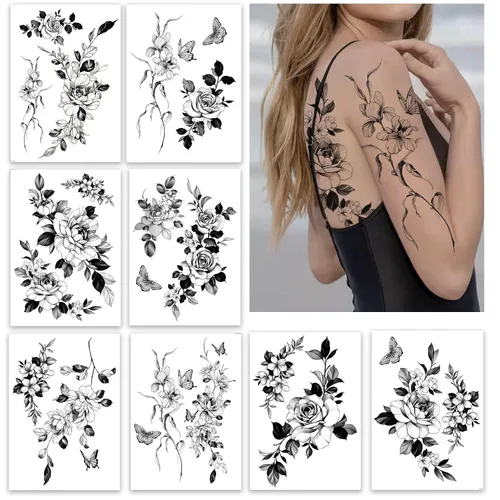 Vista 4 de Tatuajes temporales para mujer, sexy, muslo, pecho, hombro, estómago, flor grande, enormes tatuajes falsos, exquisitos y estéticos, diseñados por