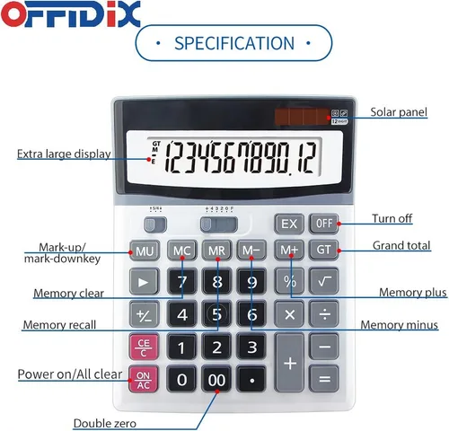 Vista 3 de OFFIDIX Calculadora electrónica de pantalla LCD de doble potencia de llave Negro