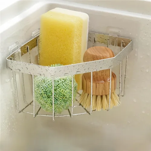 Vista 9 de Organizador de fregadero montado en la pared, soporte de esponja de cocina de acero al carbono con 2 ganchos adhesivos, estante de drenaje