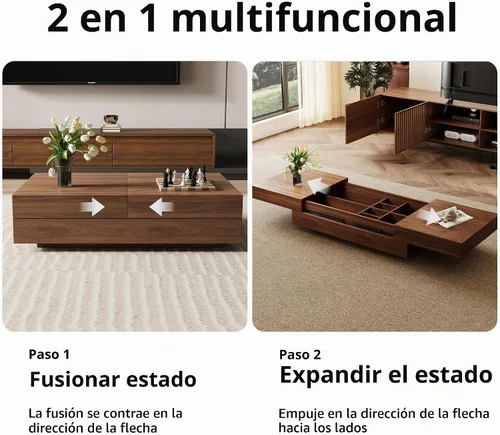 Vista 3 de Mesa de centro expandible de mediados de siglo con almacenamiento – Mesa central ajustable de 47.2"-81.9" para la sala de estar, acabado en madera
