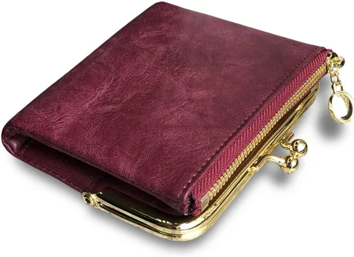 Vista 9 de Cartera para mujer pequeña plegable Rfid Mini monedero vintage con cremallera y cierre de beso (negro)