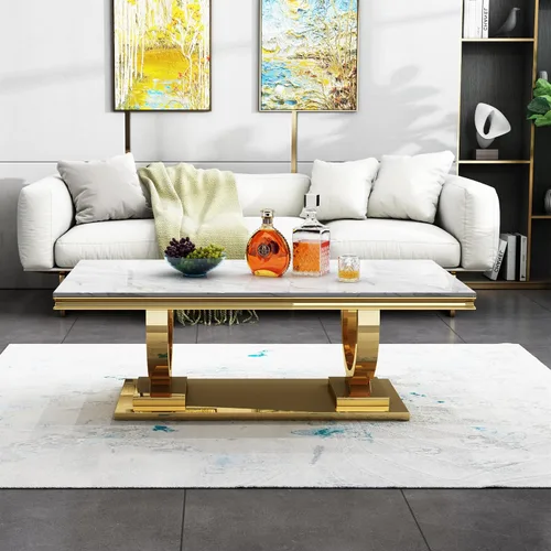 Vista 50 de SSLine Mesa de Centro Rectangular de Mármol Sintético para Sala de Estar, Mesa Central Moderna de Mármol Blanco de Lujo con Base Doble en Forma de U