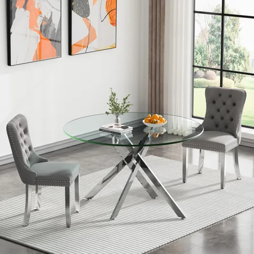 Vista 26 de Juego de mesa de comedor de cristal plateado moderno de 47 pulgadas para 2, juego de mesa de comedor de cocina redonda de 3 piezas con patas
