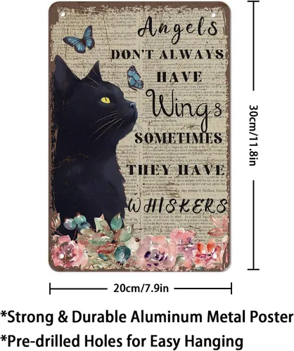 Vista 2 de Cartel de metal con diseño de gato negro con texto en inglés "Angels Don't Always Have Wings", póster de metal vintage de 8 x 12 pulgadas, letrero
