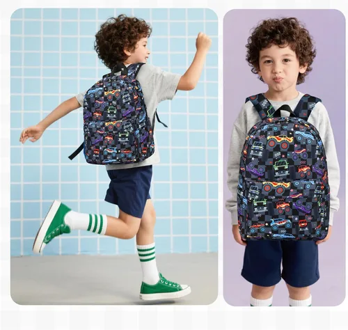 Vista 2 de CAMTOP Mochila para niños y niñas, mochilas preescolares con lonchera, juego de mochila escolar para jardín de infantes (vehículo negro a cuadros)