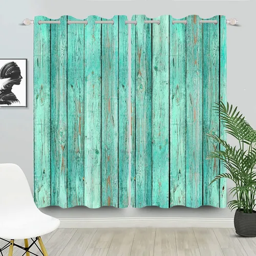 Vista 14 de Cortinas opacas rústicas para puerta de granero, color azul y verde, tablones de madera antigua, granja, campo, vida rural, sala de estar